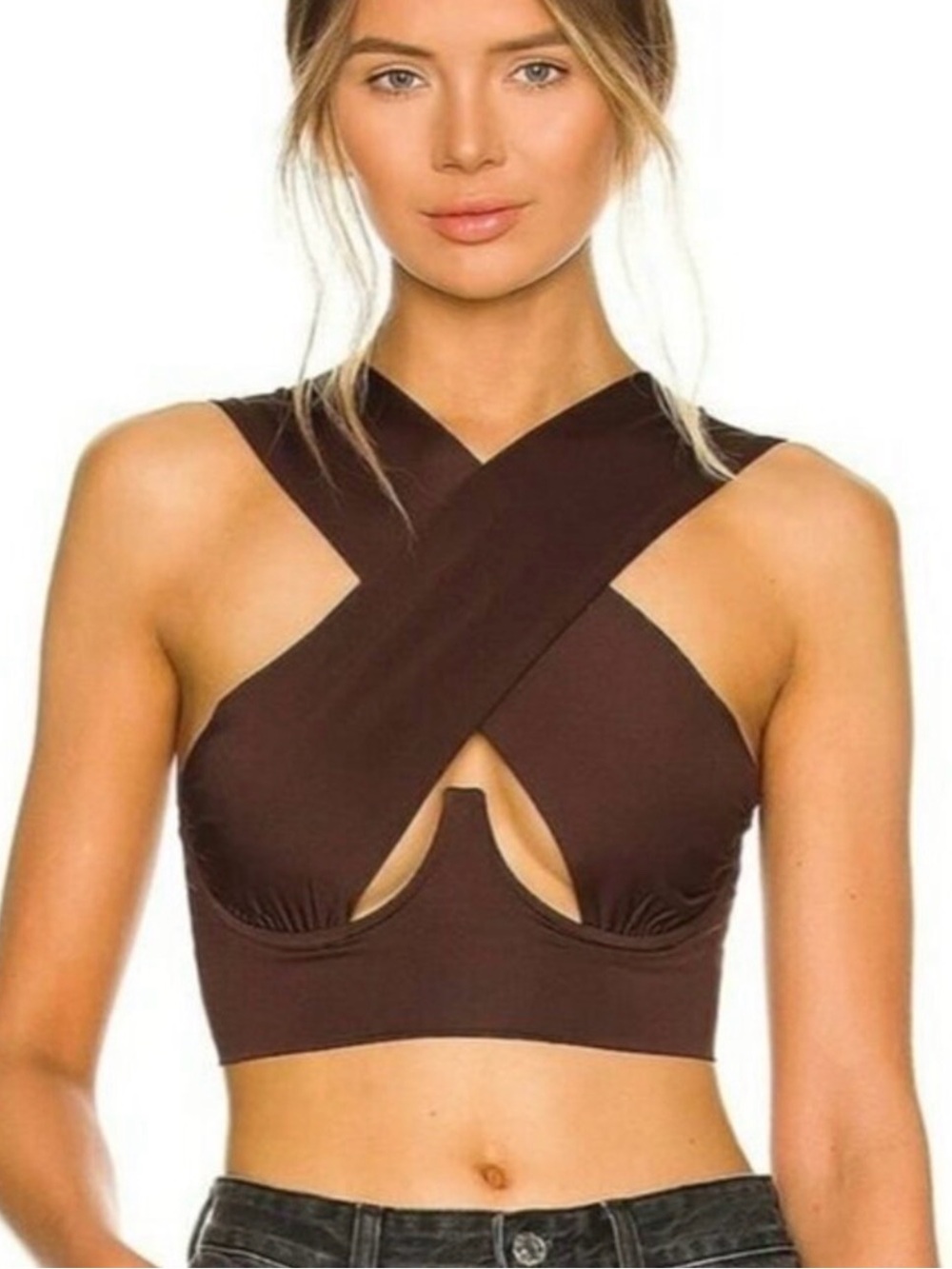 superdown Kacie Brown Crisscross Cutout Crop Top